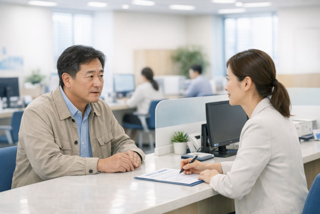 창구 상담으로 실업급여 수급자격 확인 절차를 안내받는 모습