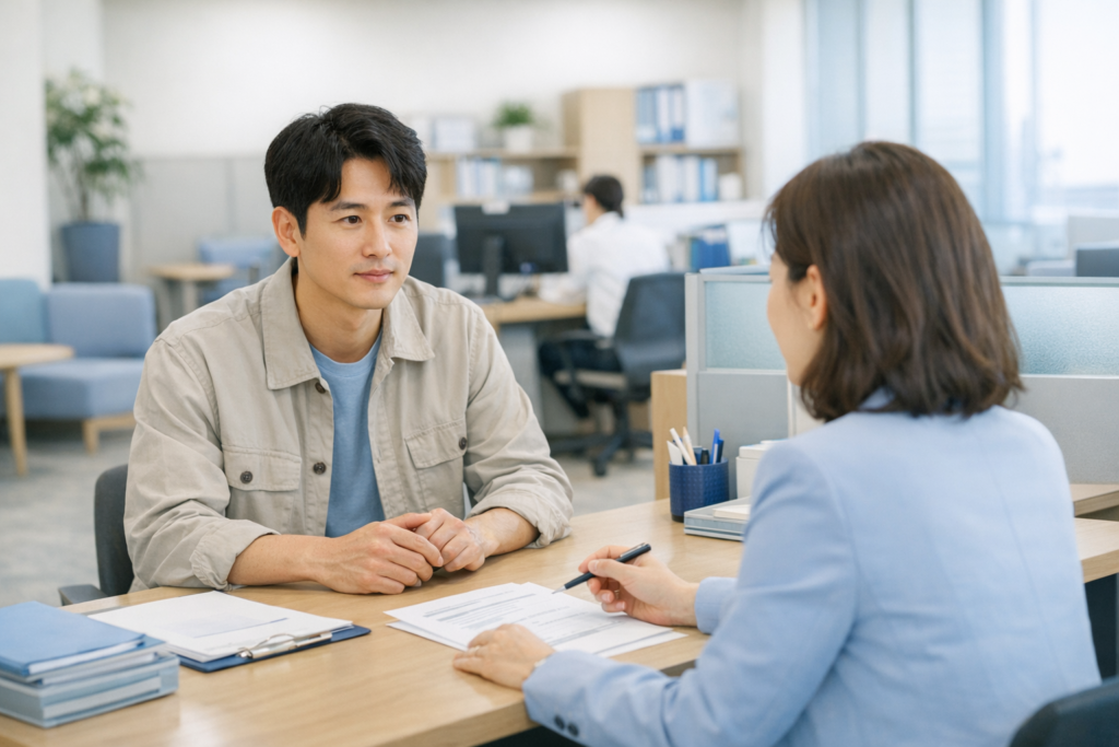 상담 창구에서 국민취업지원제도 신청조건을 묻는 모습