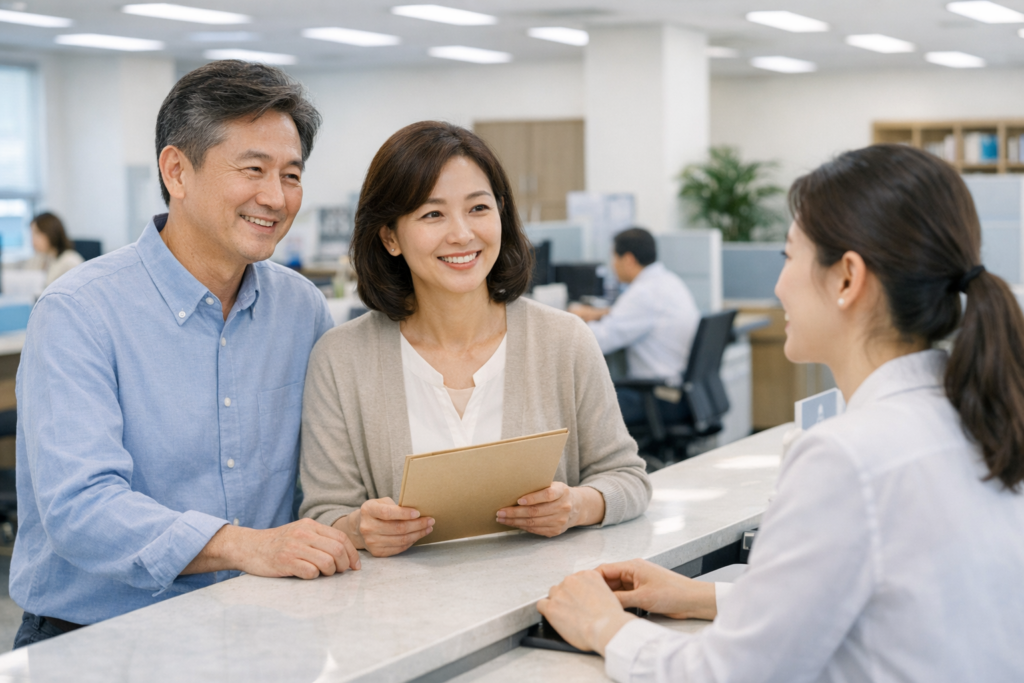 주민센터에서 아동수당 지급대상 상담을 받는 보호자