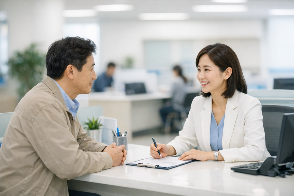 상담 창구에서 구직급여 수급자격 확인 내용을 묻는 모습