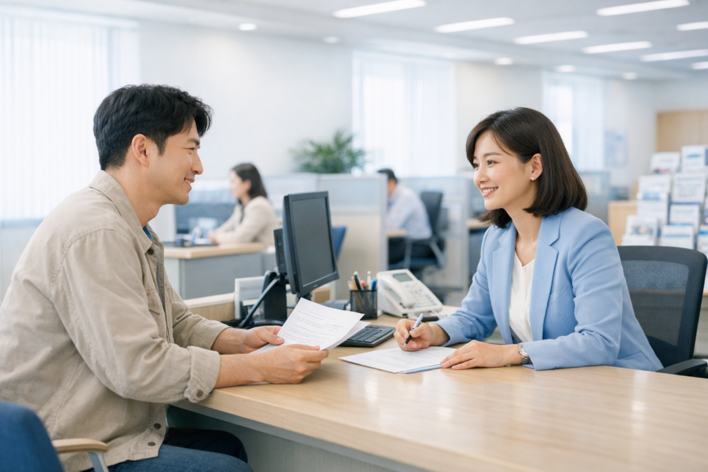 고용센터에서 구직급여 수급 중 재취업 신고 방법을 상담하는 모습