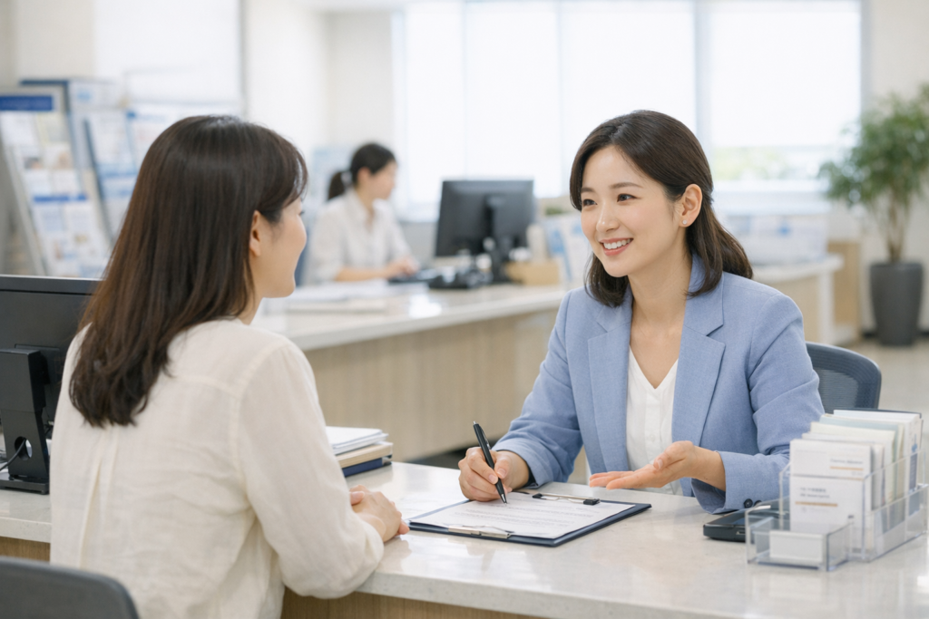 주민센터에서 첫만남이용권 신청방법을 상담하는 모습