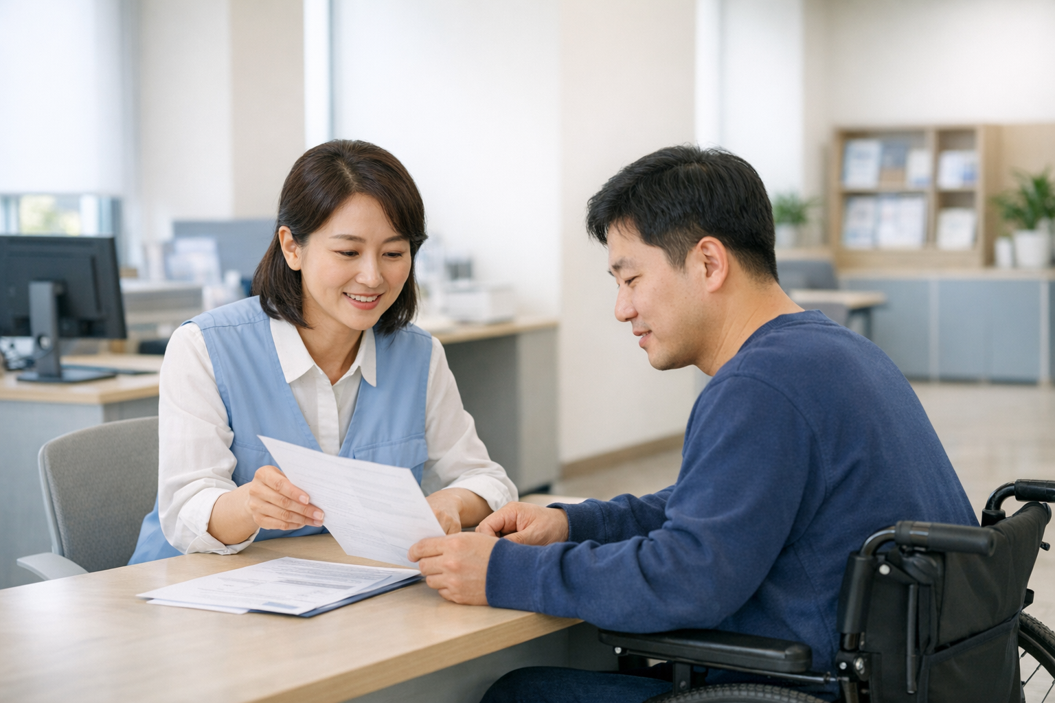 장애인활동지원서비스 신청방법 상담을 받는 한국 성인