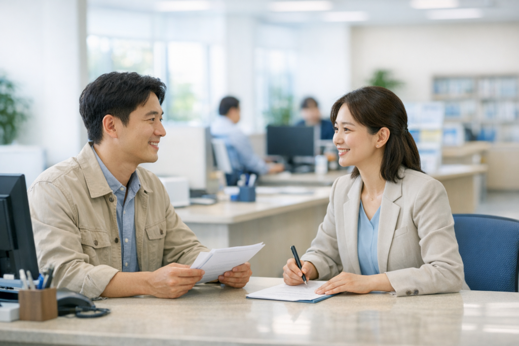 고용센터에서 구직급여 재취업 신고 상담을 받는 모습