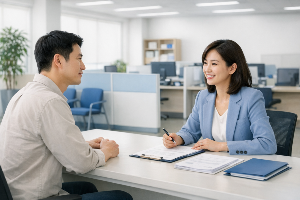 구직급여 수급자격 확인 상담을 받는 신청자