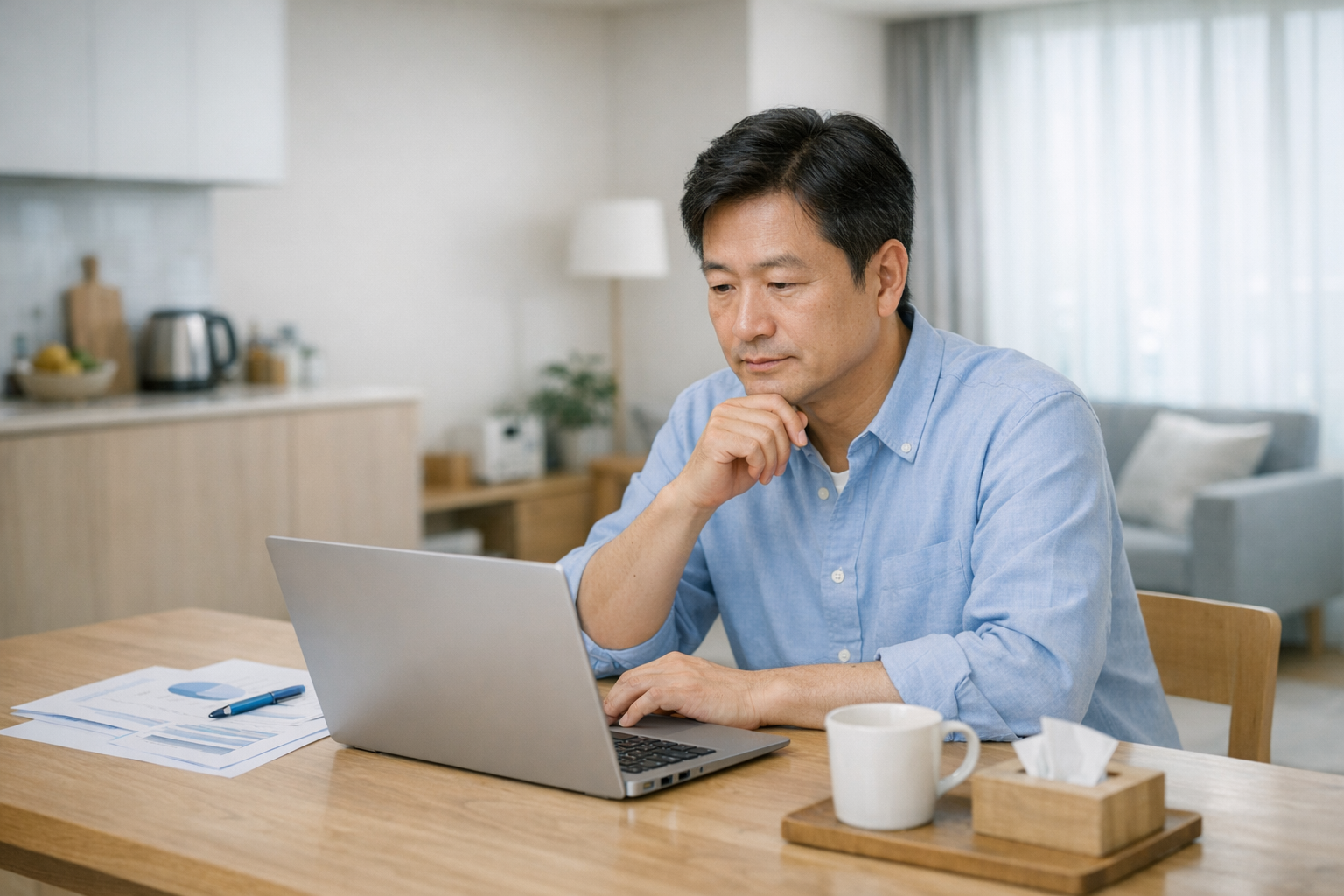 구직급여 온라인 신청 방법을 노트북으로 확인하는 중장년